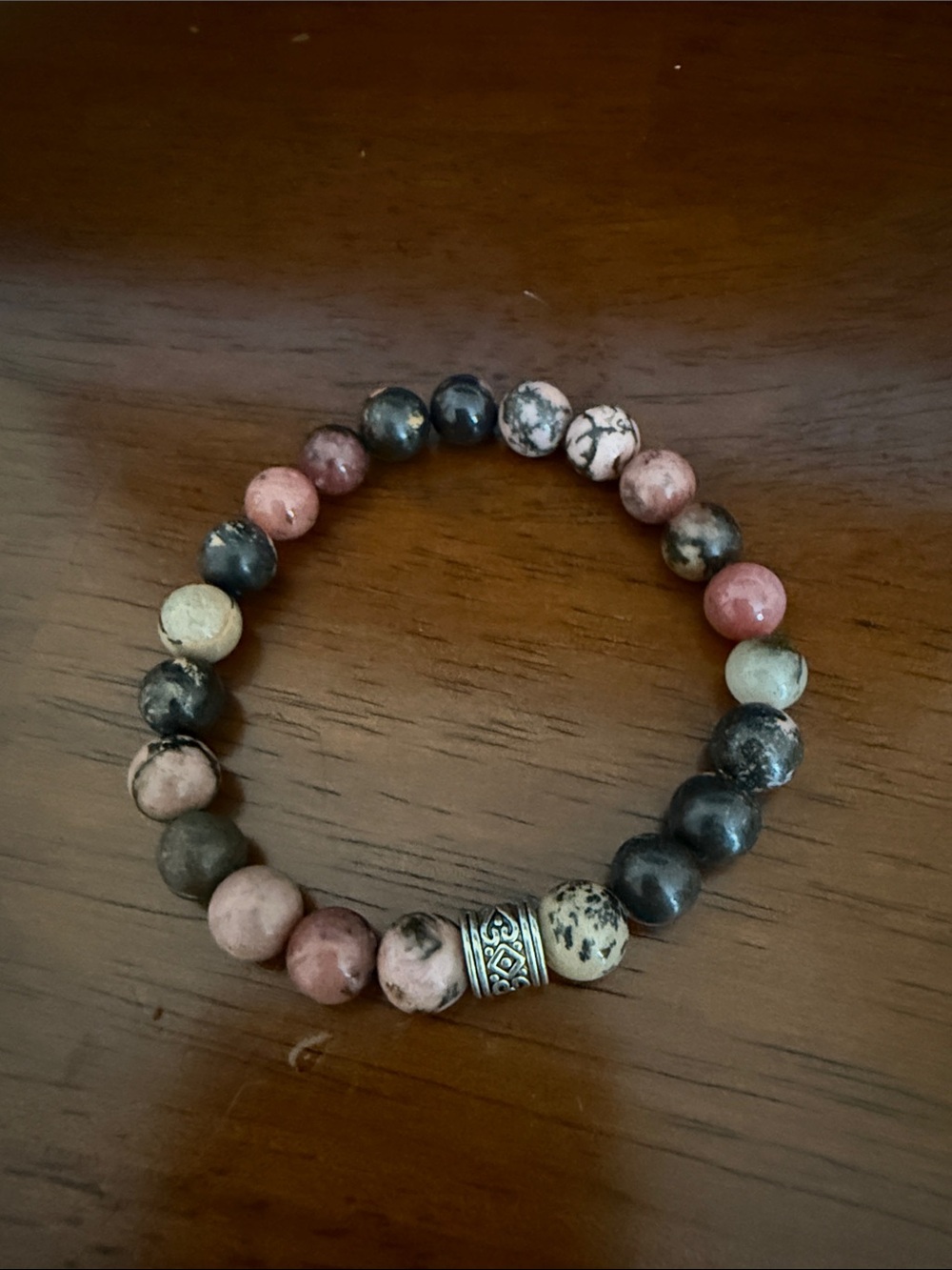 Natural Rhodonite Beaded Stretch Bracelet - Pink and Black